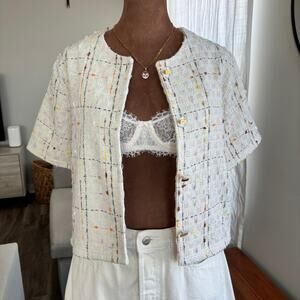 J Blang Cream and Pastel Cropped Tweed Jacket Size Small/Medium Made in Korea